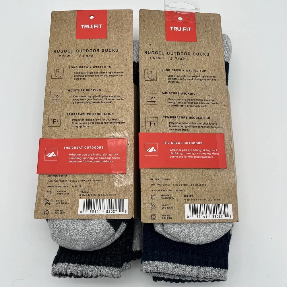 TruFit Rugged Outdoor Socks Mens Sock Size 10-15 Crew Gray 2- 2 Packs Hiking